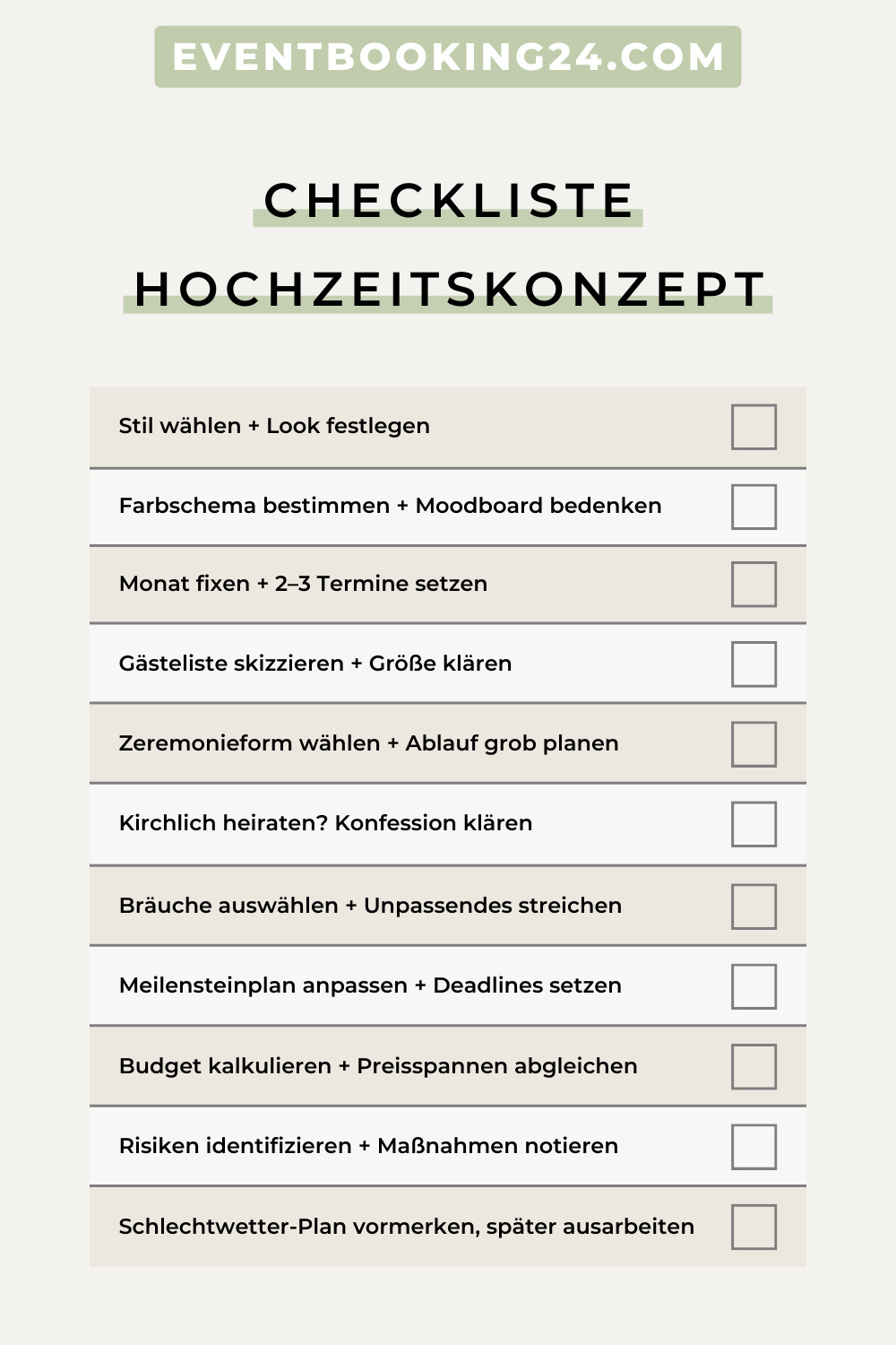 11-Punkte Hochzeitskonzept-Checkliste mit Boxen zum Abhaken – Stil, Farbschema, Termine, Gästeliste, Zeremonie, Budget, Meilensteine und Schlechtwetter-Plan.