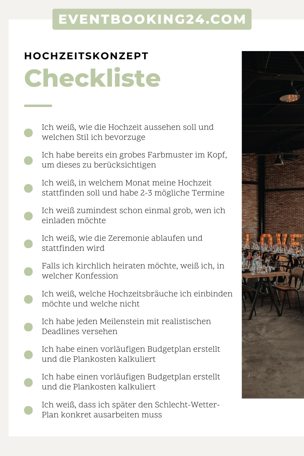 Liste „Hochzeitskonzept Checkliste“ mit grünen Bulletpoints – alle 11 Punkte von Stil bis Budget übersichtlich aufgelistet.